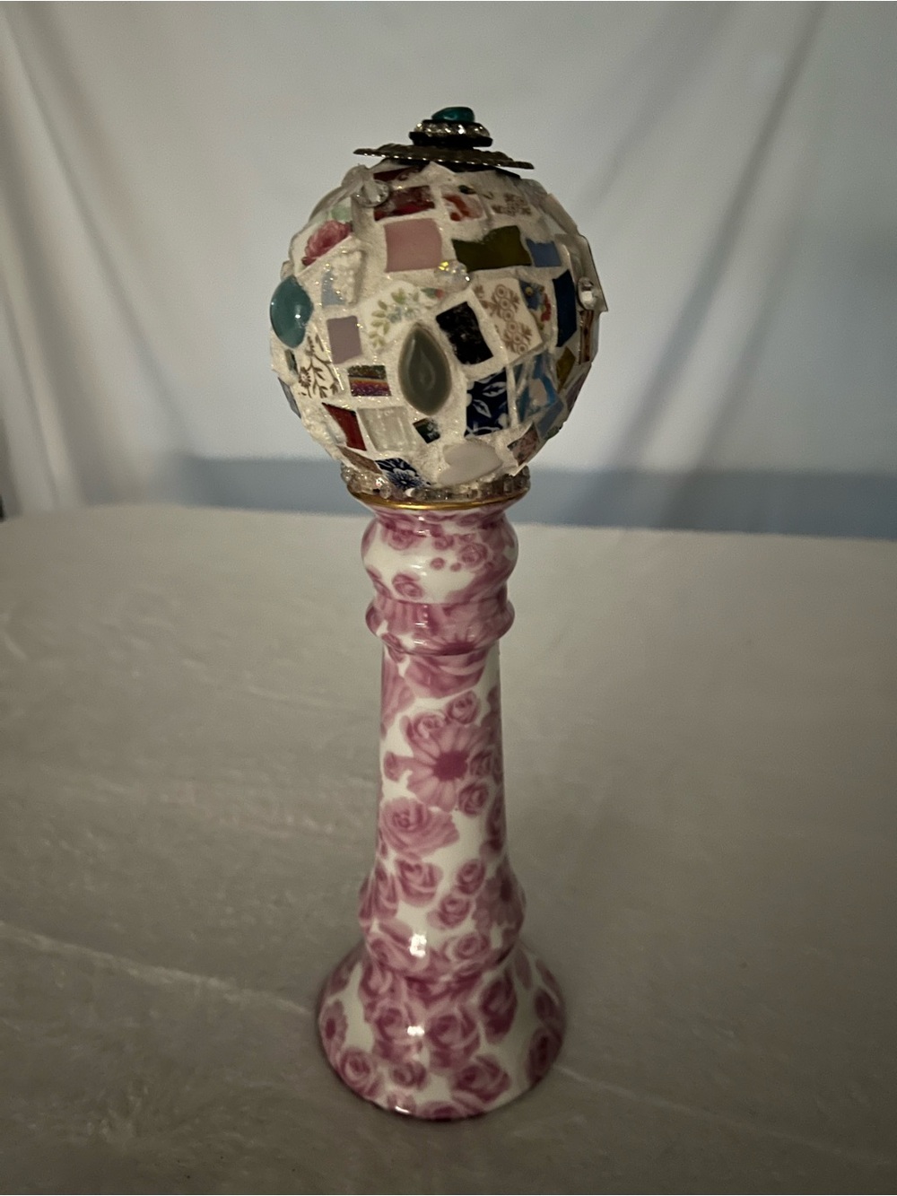 Handmade Mosaic Gazing Globe with Jay & Sons Pink Rose Ceramic Candlestick Base